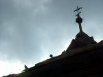 Сохранившийся крест и традиционные церковные голуби